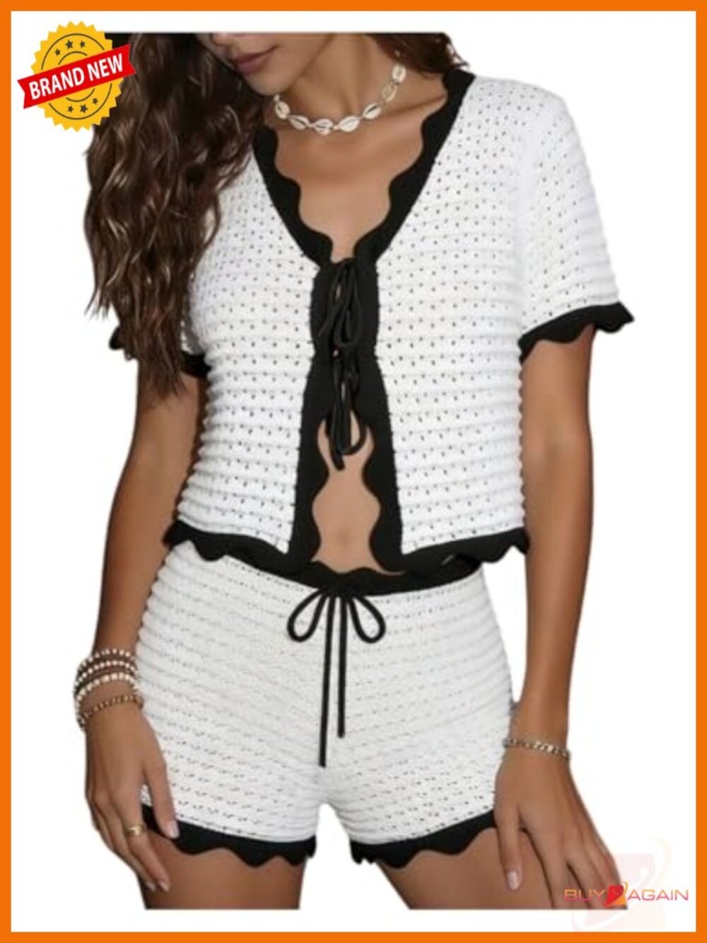 Crochet Vacation Outfits Summer Beach Hollow Out Bow Tie Cardigan Shorts Sets